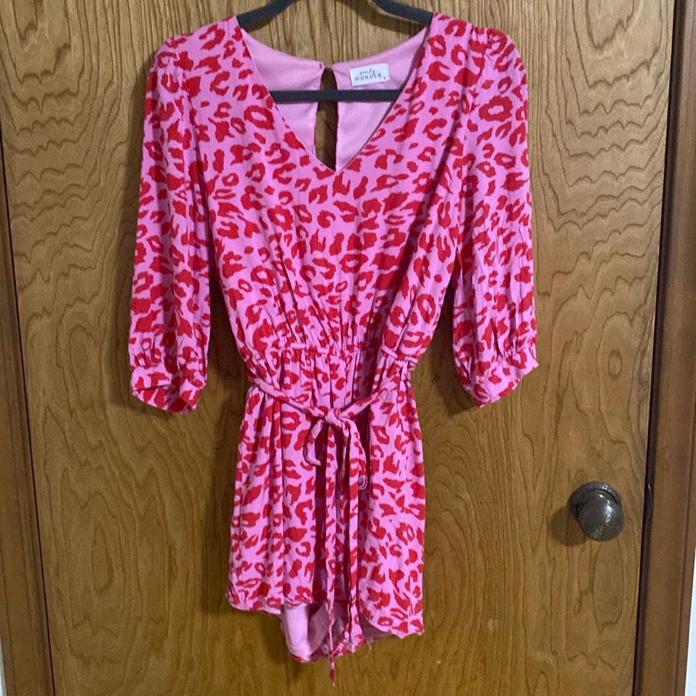 Emily Wonder Small Leopard Print Romper with waist tie in Pink and Red